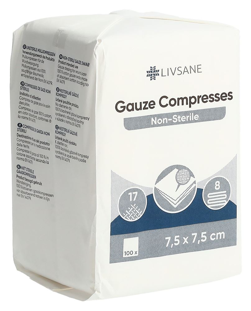 LIVSANE Compresses de Gaze 7.5x7.5cm 100 pièces | Soins