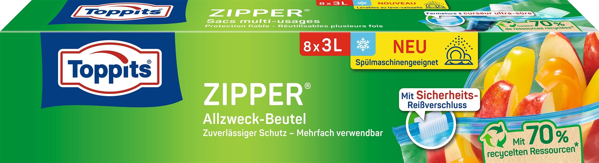 TOPPITS Sacs Zipper Multi-usages 3 Litres 8 Pièces | Fraîcheur & Conservation
