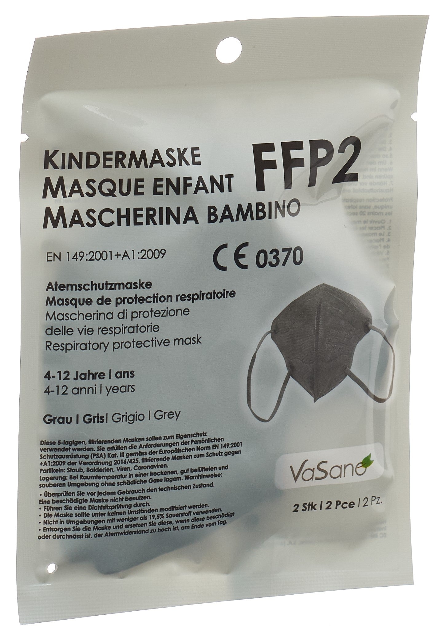 VASANO Masque FFP2 enf 4-12 ans gris a/f/i 2 pce