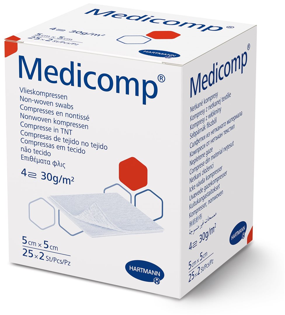 MEDICOMP Compresses Stériles 4 plis S30 | Soin Blessures 5x5cm 25x2 Pces