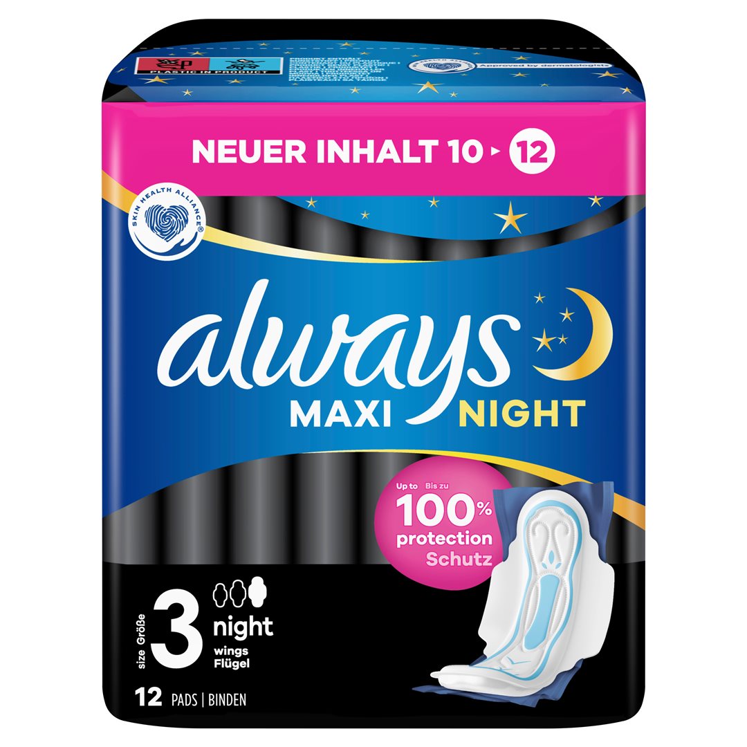 ALWAYS Maxi Serviettes Hygiéniques Nuit Aile Protection 12 Pièces