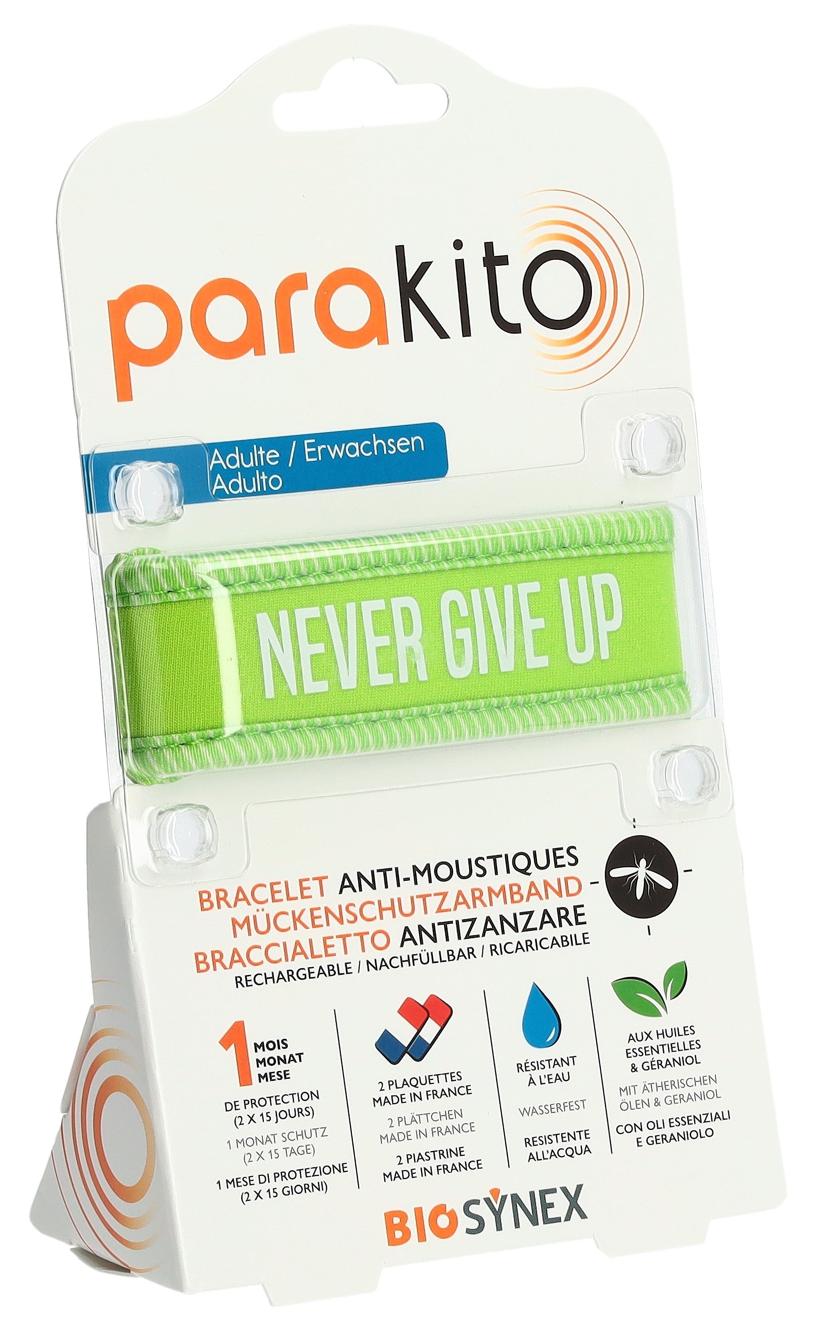 PARAKITO Bracelet Anti-Moustiques Adulte Vert "Never Give Up" | Protection Efficace
