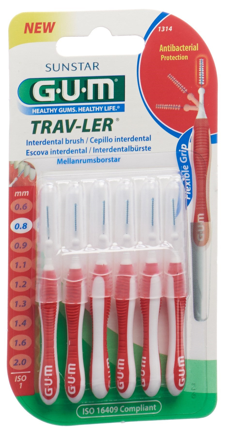 GUM Trav-Ler Brossettes Interdentaires 0.8mm Cylindrique Rouge | Lot de 6