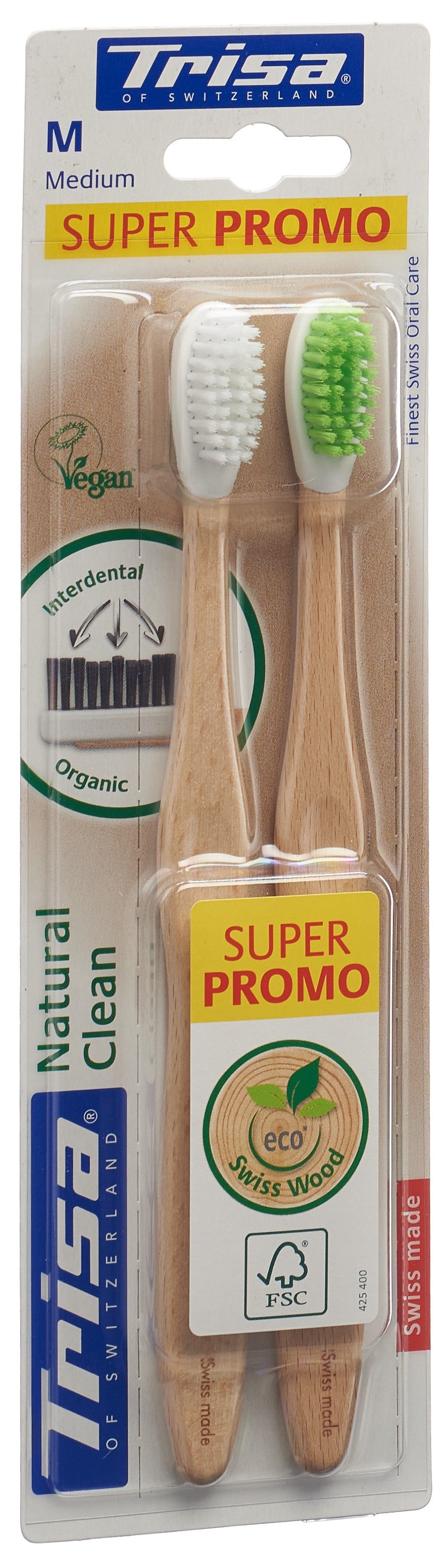 TRISA Natural Clean Brosse à Dents Bois Médium Duo 2 Pièces | Éco-Responsable