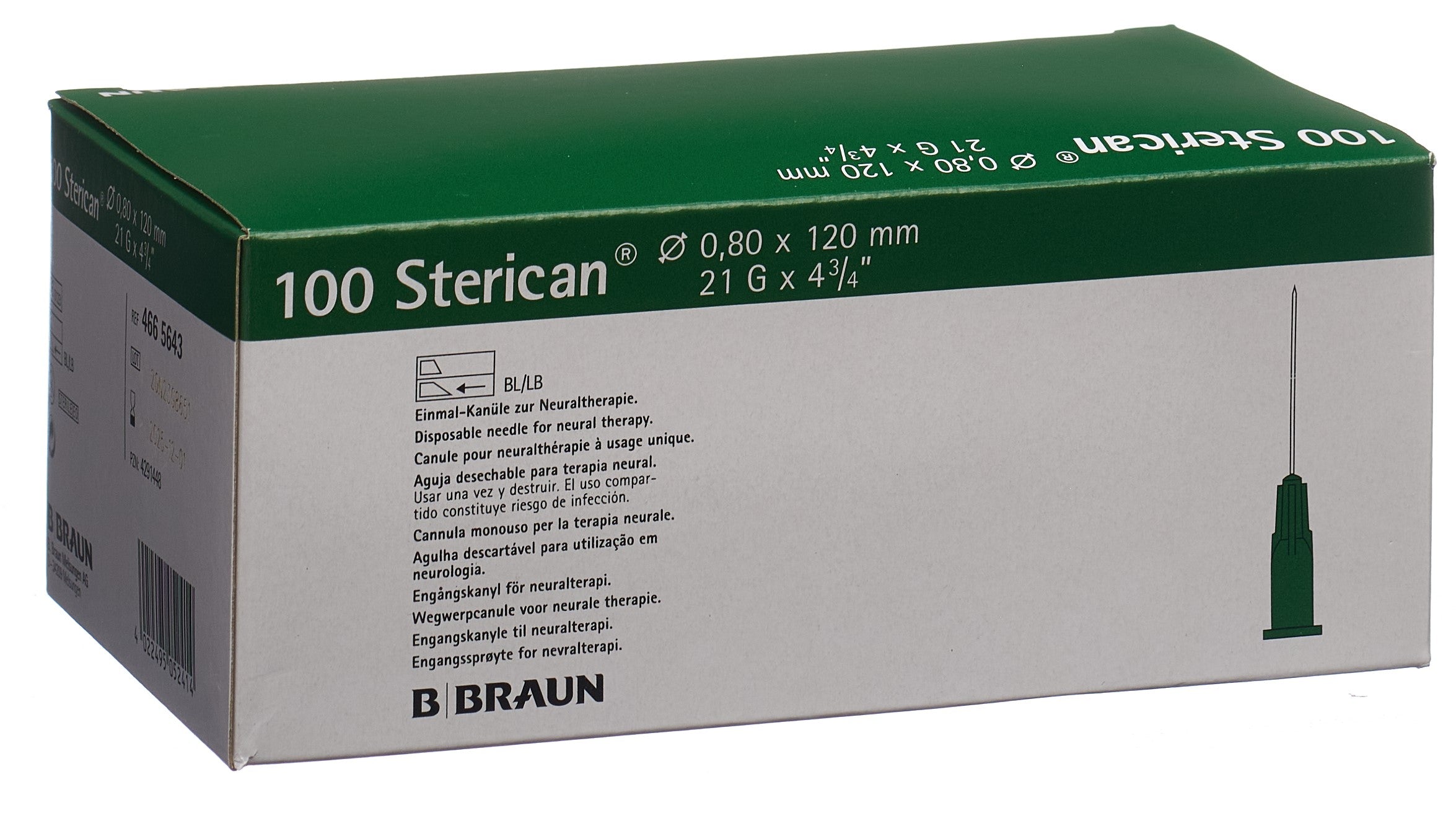 STERICAN Aiguille Verte Luer 21G 0.80x120mm - Lot de 100