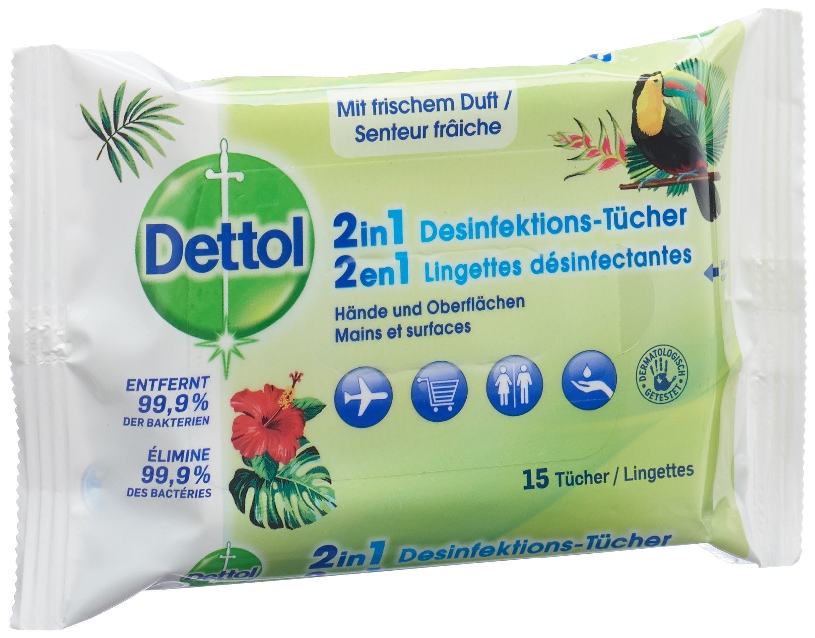 Dettol Lingettes Désinfectantes 2en1 Hygiène & Fraîcheur | 15 Pièces