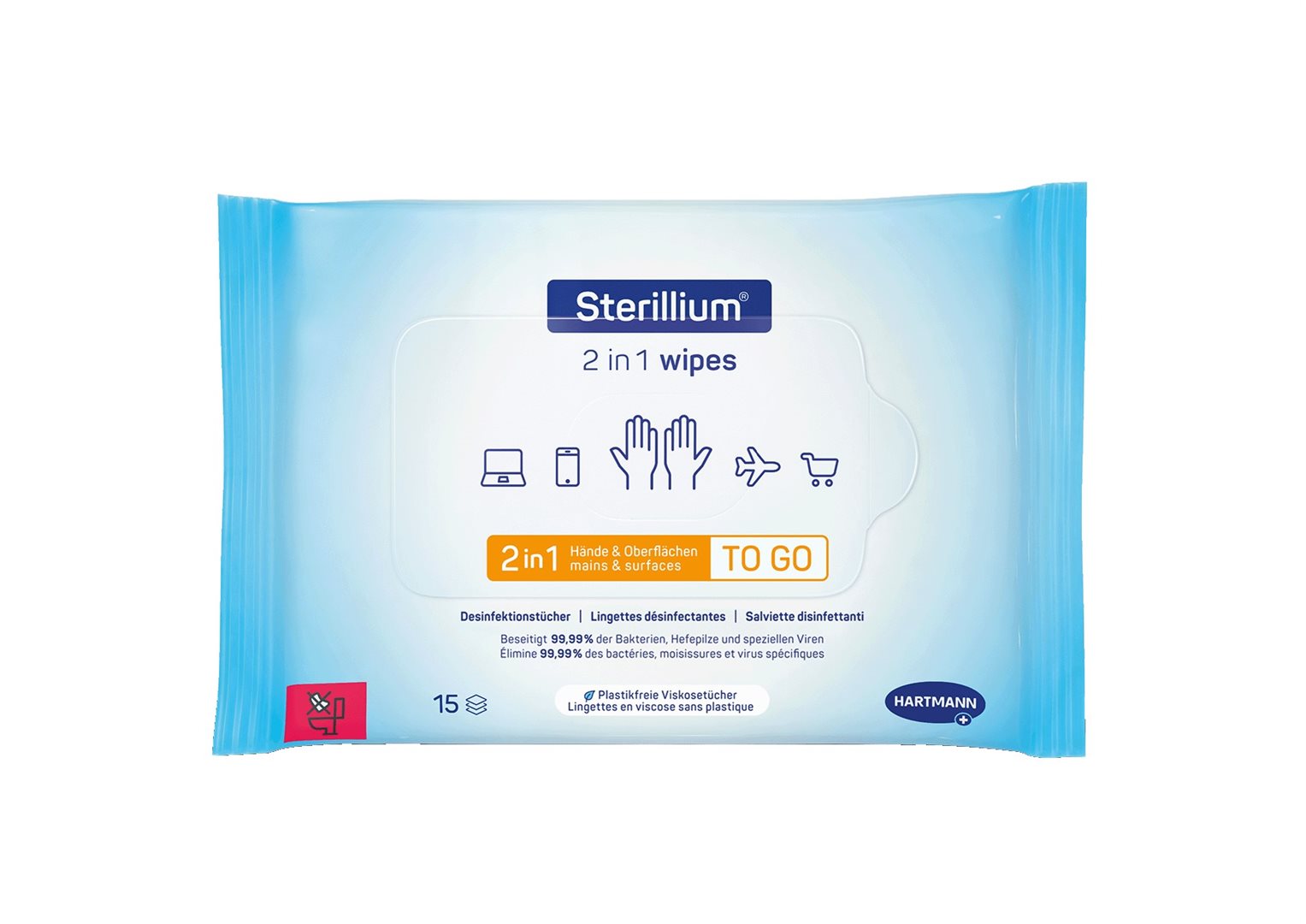 STERILLIUM Désinfectant Mains 2en1 Lingettes 15 pièces | Hygiène Rapide