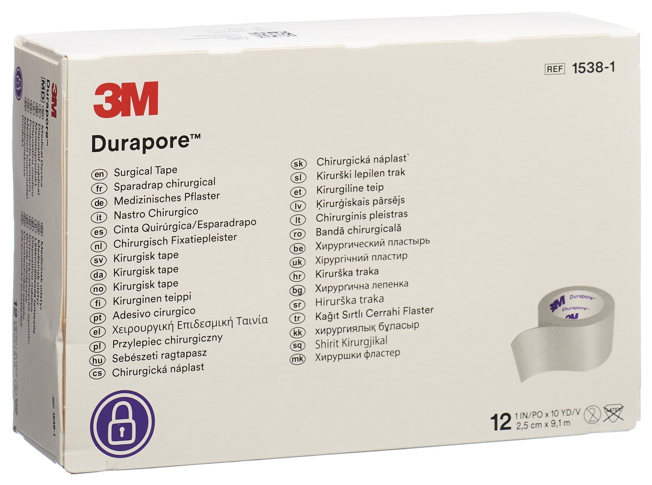 3M DURAPORE sparadrap en soie 25mmx9.14m 12 pce
