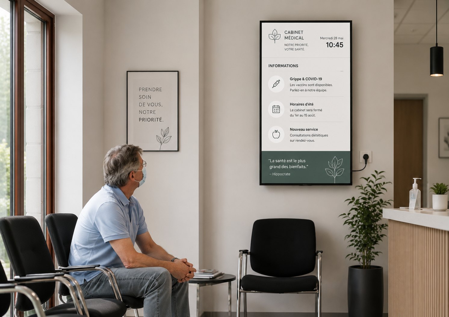 Salle d'attente médicale : un écran mural diffuse un conseil de prévention — « Sourire est bon pour la santé »