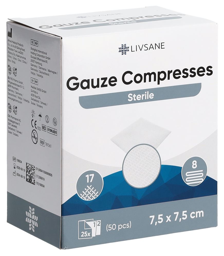 LIVSANE Compresses de Gaze 7.5x7.5cm 25 pièces | Soins