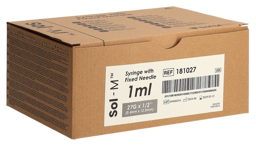 SOL-M Seringue Aiguille Fixe 1ml | 100 pièces