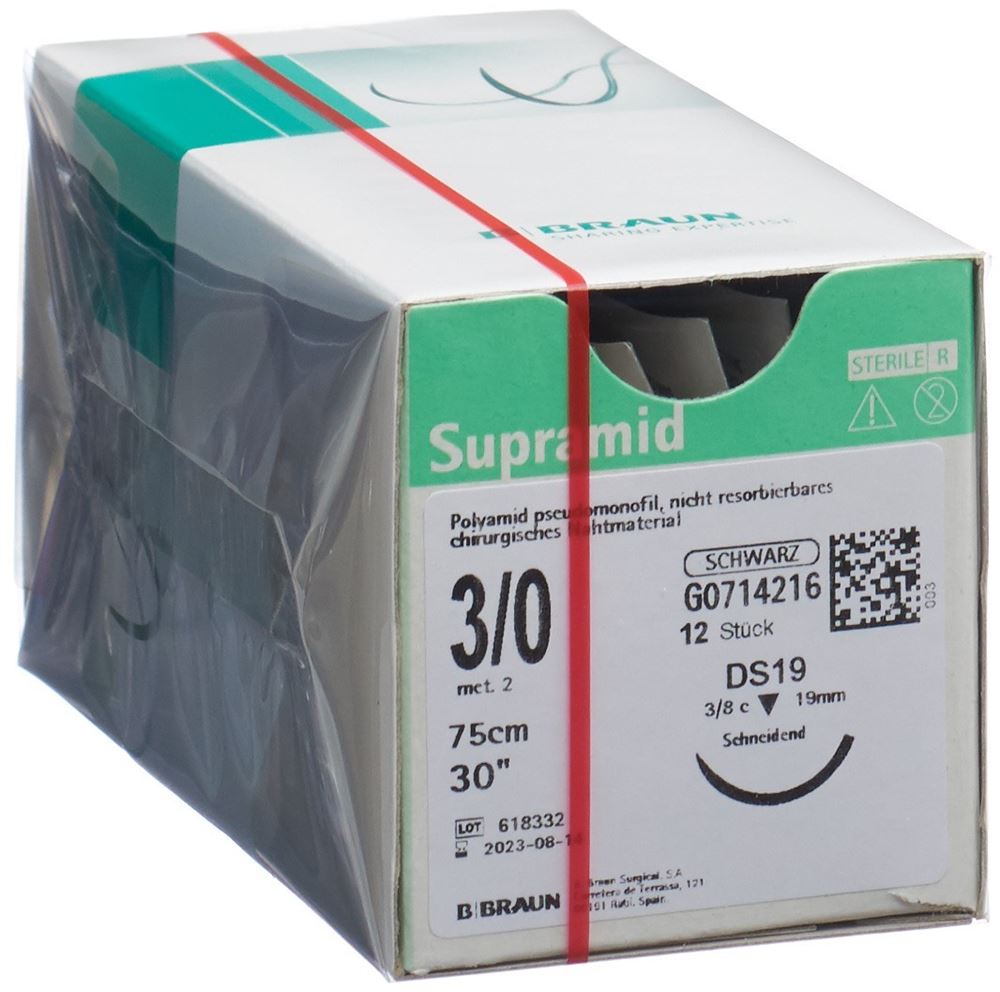 SUPRAMID 75cm DS 19 3-0 Noir Fil Chirurgical 12 pièces | Longueur