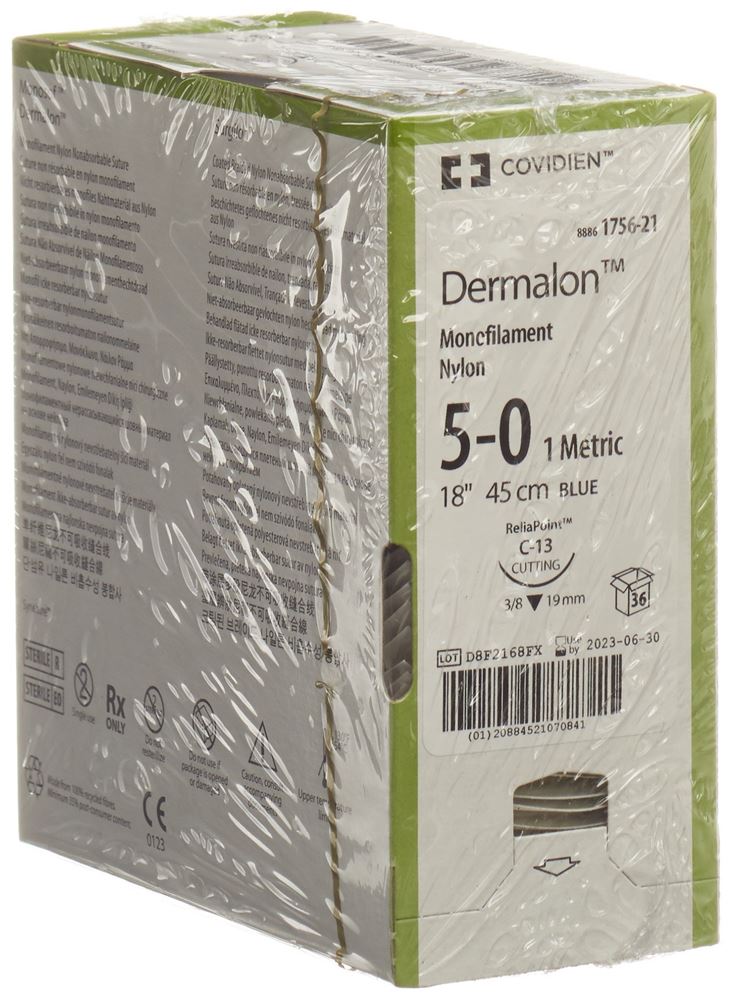 DERMALON Fil 5-0 C-13 Bleu 36 pièces | Chirurgie