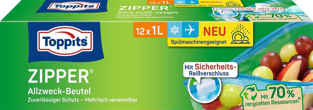 TOPPITS Sacs Zipper 1L 12 pièces | Polyvalent