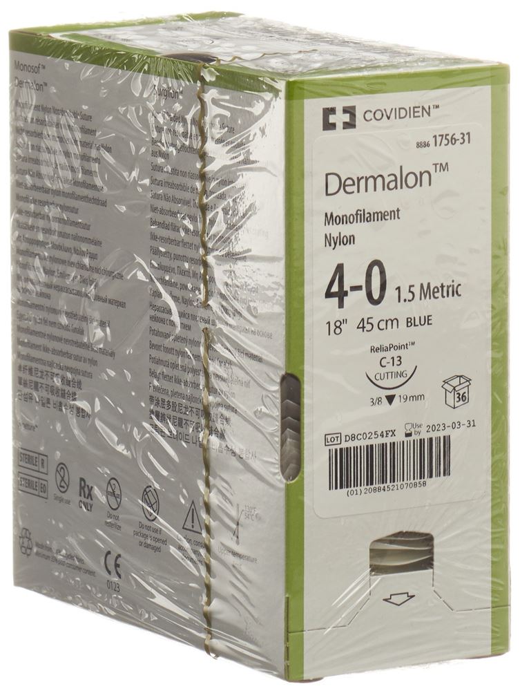 DERMALON Fil 4-0 C-13 Bleu 36 pièces | Chirurgie