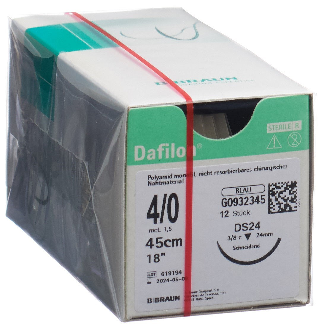 DAFILON Fil Chirurgical 45cm Bleu DS 24 4-0 12 Pièces | Stérilisé