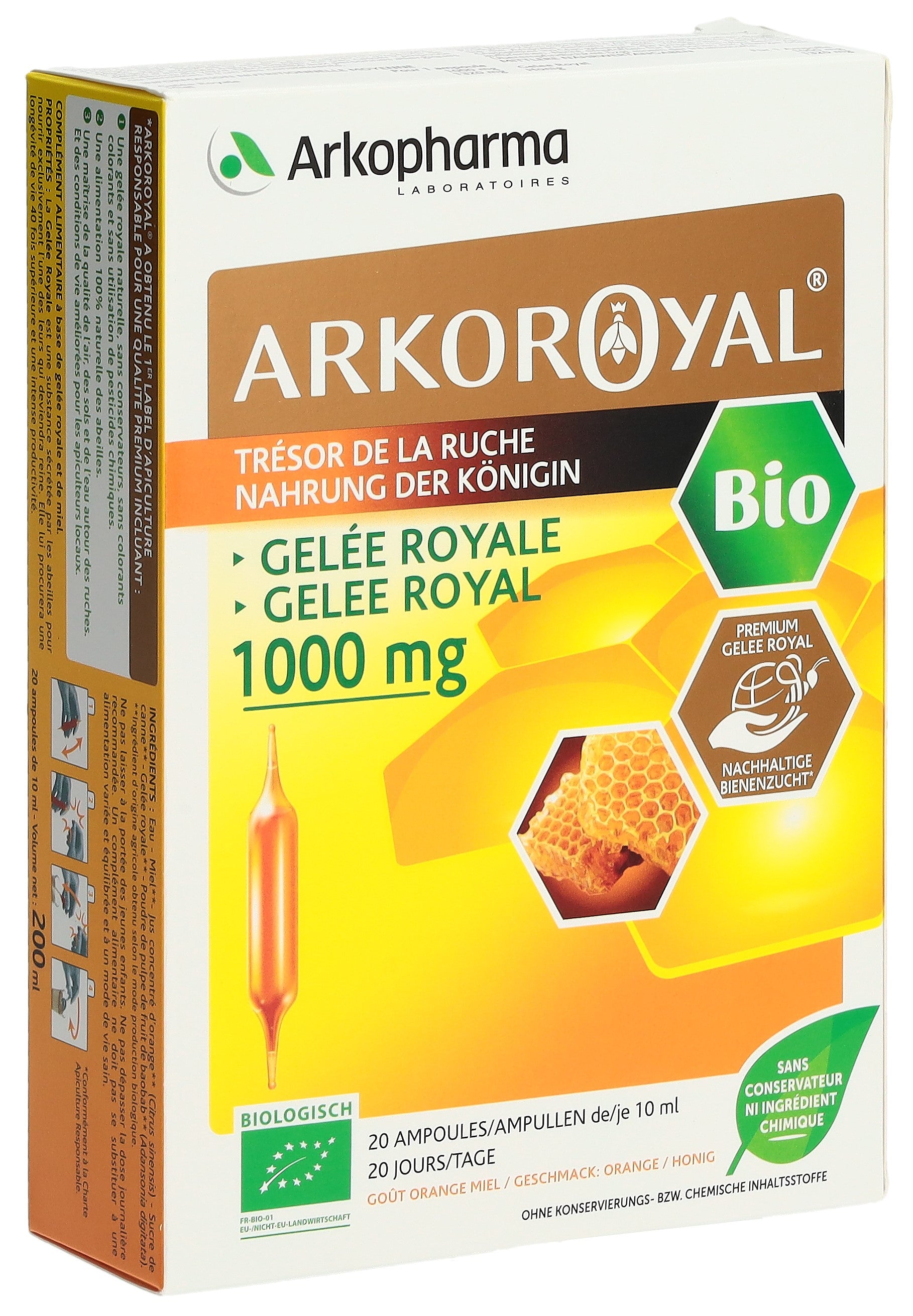 ARKOROYAL Gelée Royale Bio 1000mg - Boost Énergie | 20 Ampoules Buvables