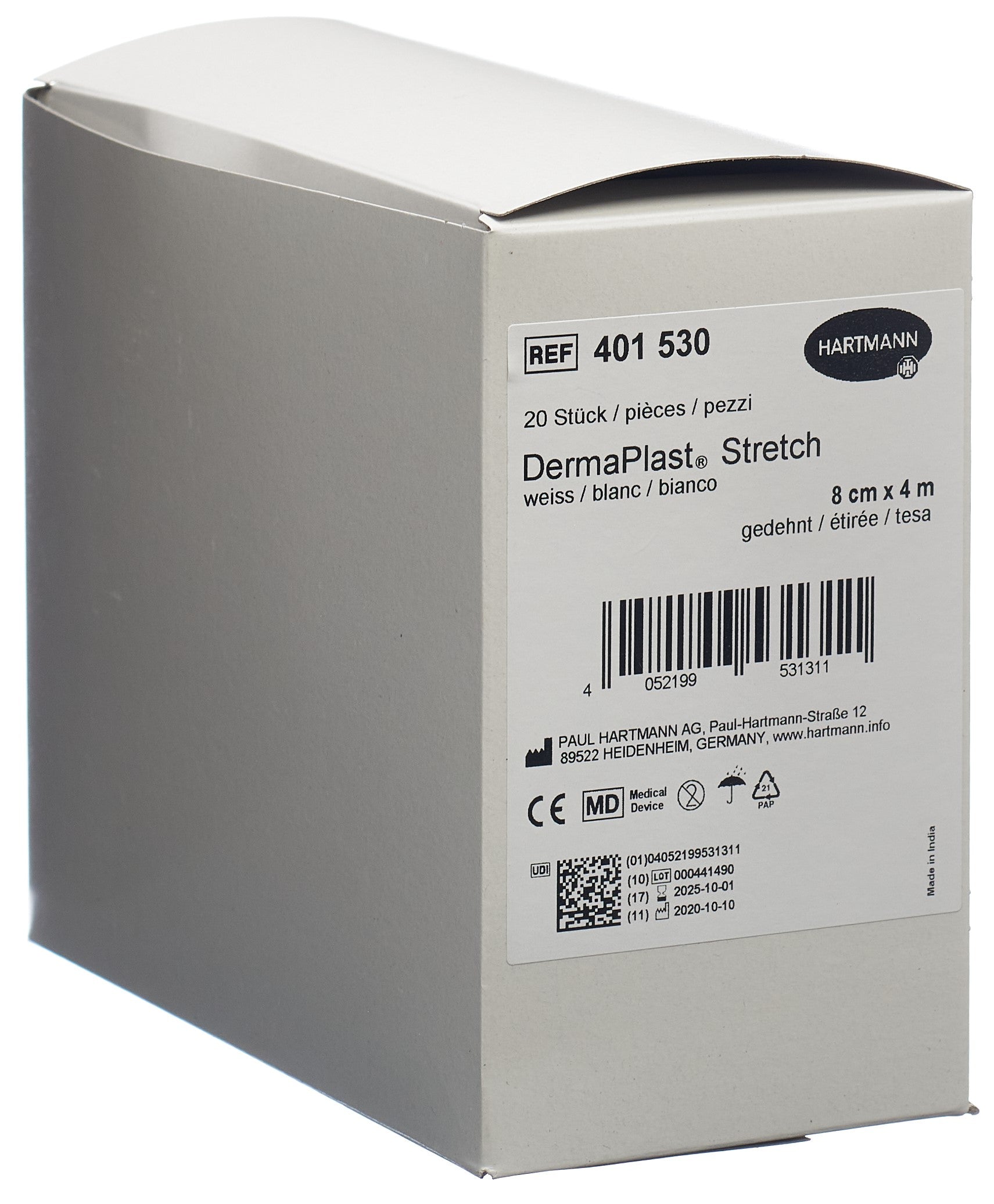 DERMAPLAST Bande Gaze Élastique Soin Blessure | 8 cm x 4 m Blanc 20 Pièces