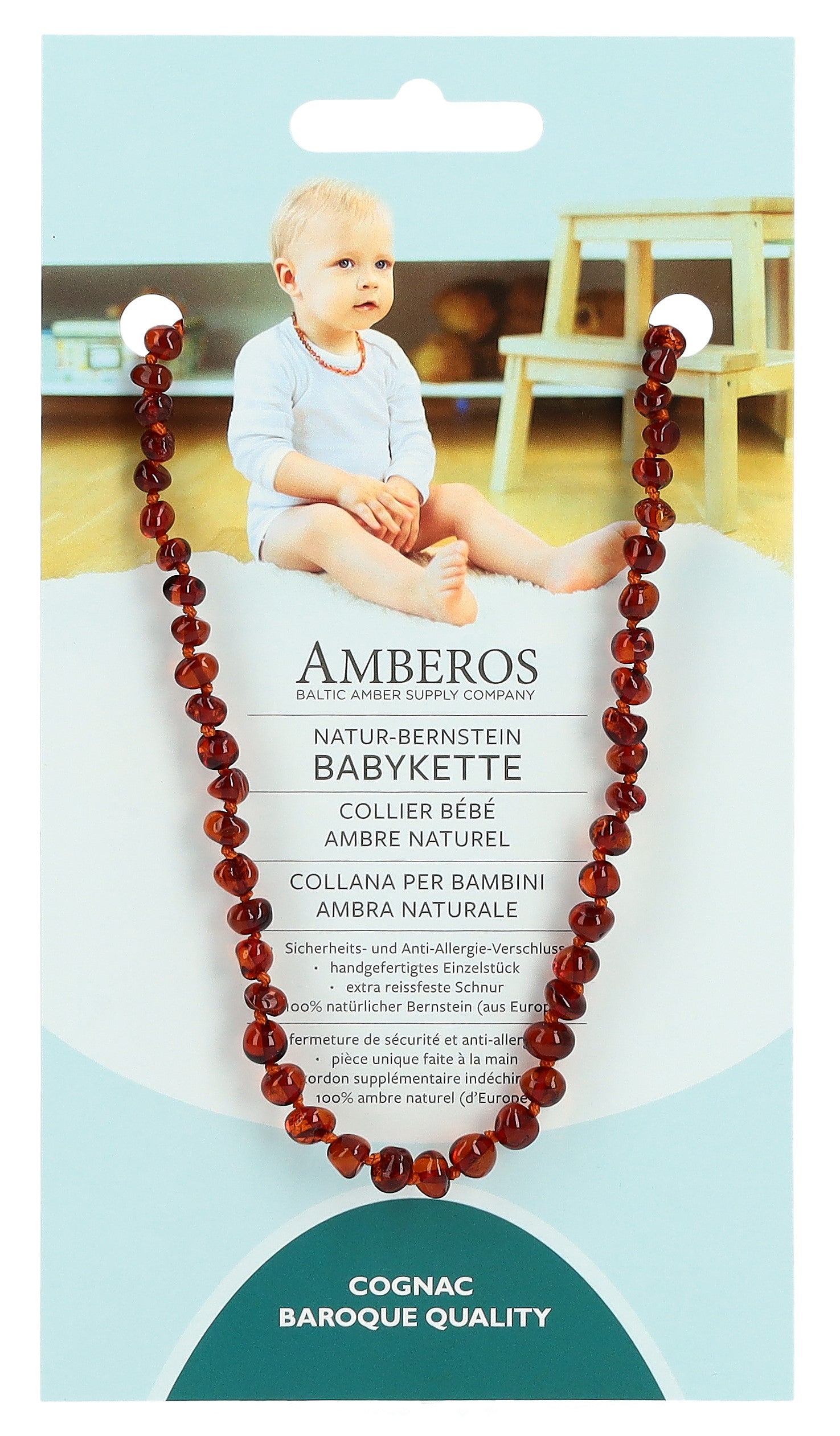 AMBEROS Collier Bébé Ambre Naturel Cognac - Soulagement Douceur | 30 cm