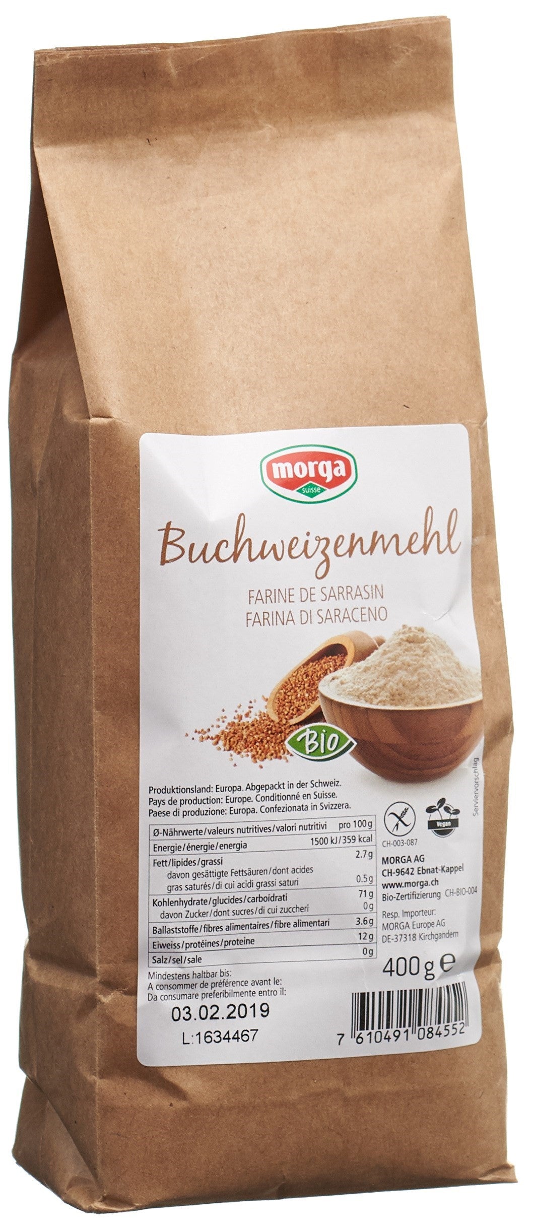 MORGA Farine de Sarrasin Bio avec Germe | Sans Gluten 400 g