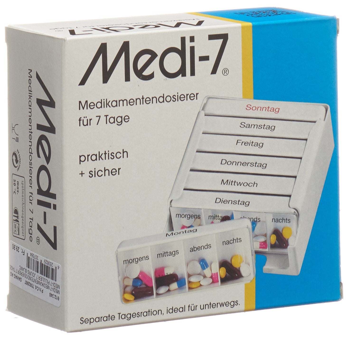SAHAG Medi-7 Pilulier 7 Jours 4 Cases Organisateur Médicaments | Blanc