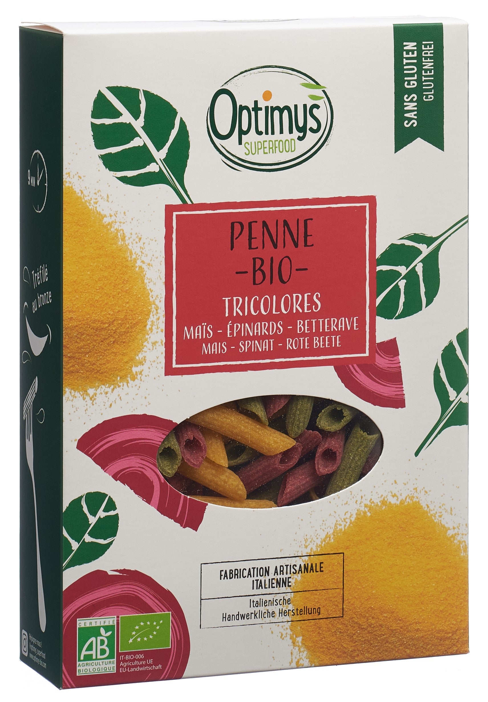 OPTIMYS Penne Maïs Tricolores Bio 250g | Sans Gluten &amp; Riche en Fibres