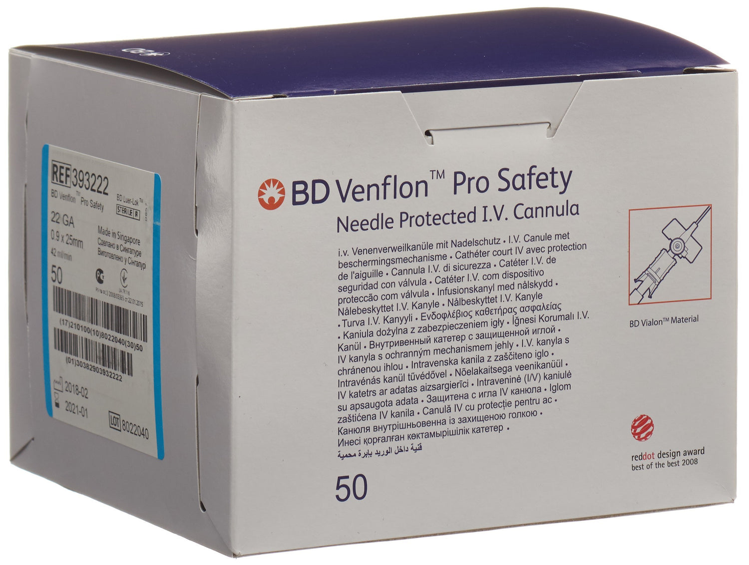 BD Venflon Pro Safety Aiguille IV 22G Bleu 0.9x25mm 50 Unités