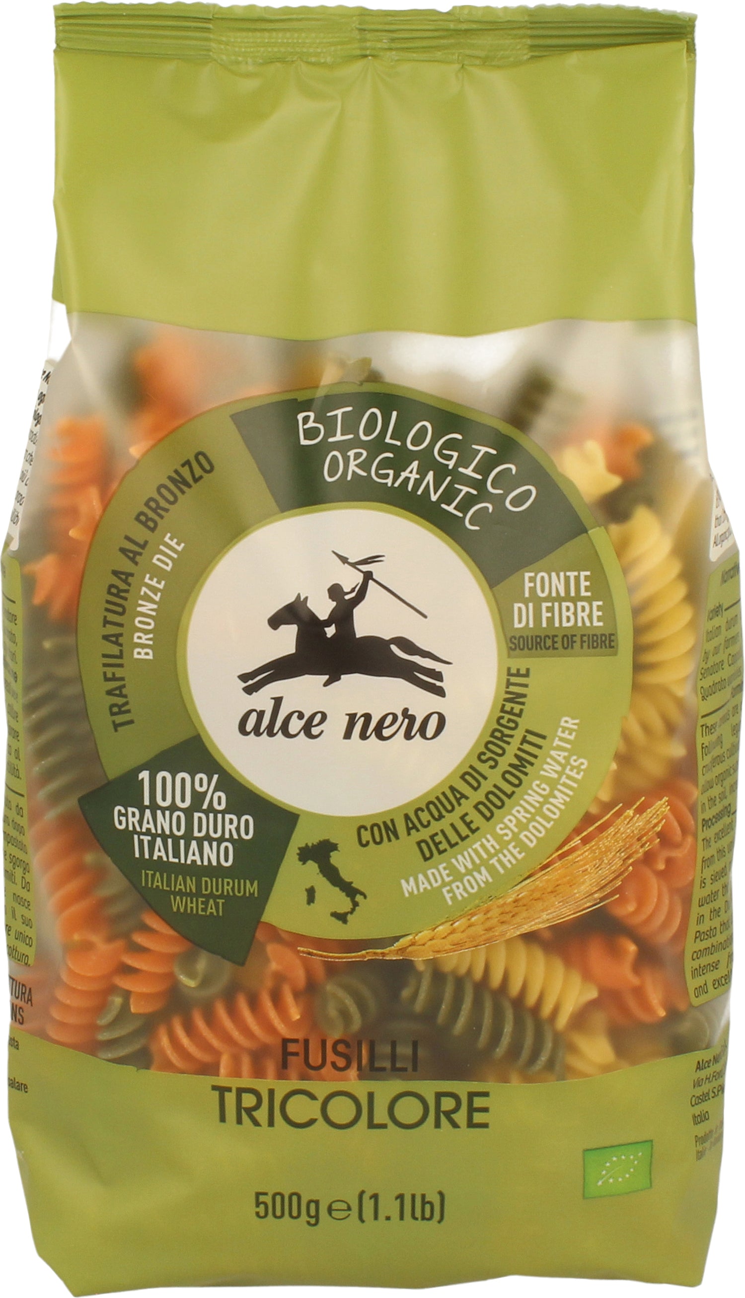 ALCE NERO fusilli tricolore blé dur clair 500 g