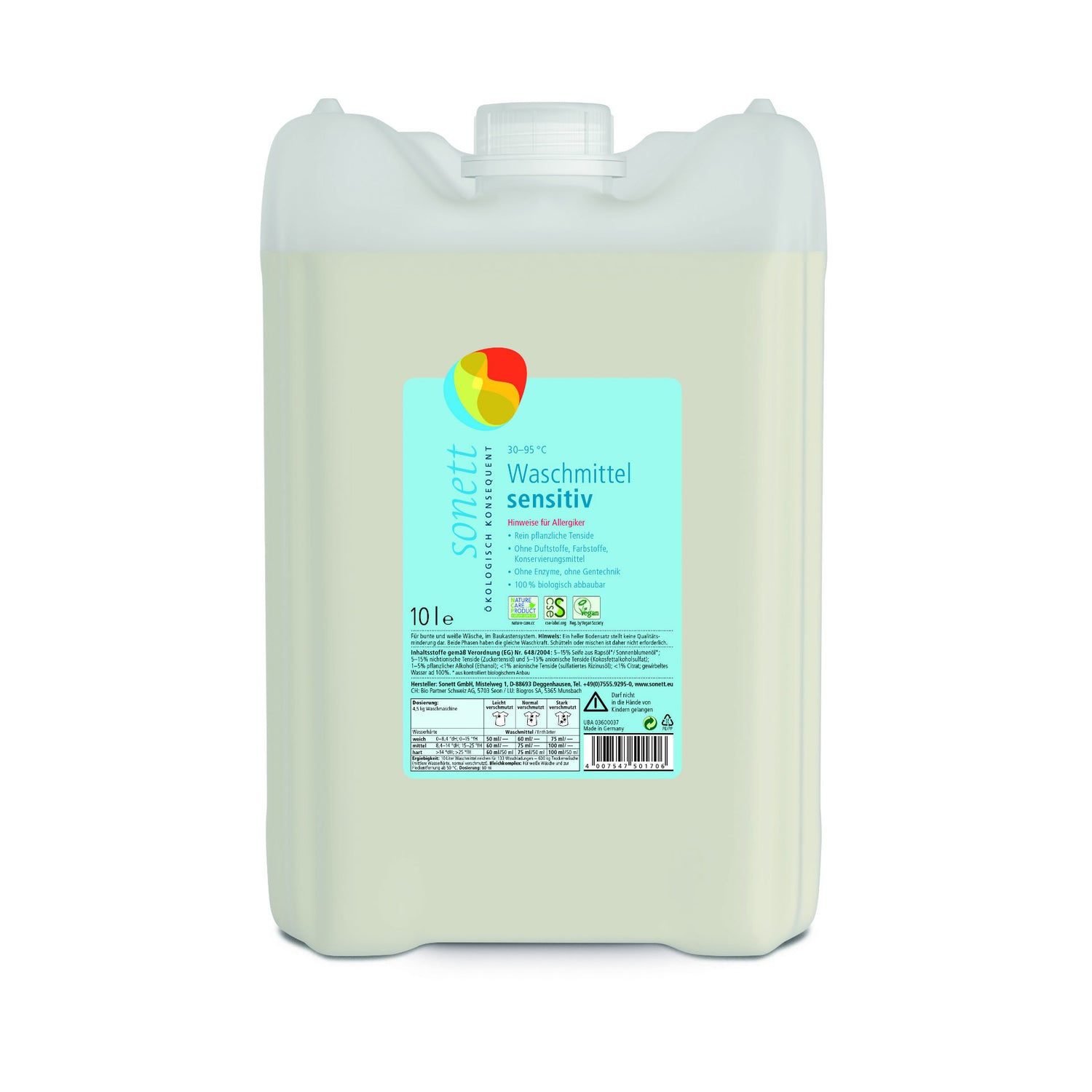 SONETT Lessive Liquide Sensitive 30°C 95°C 10 L | Douceur &amp; Efficacité