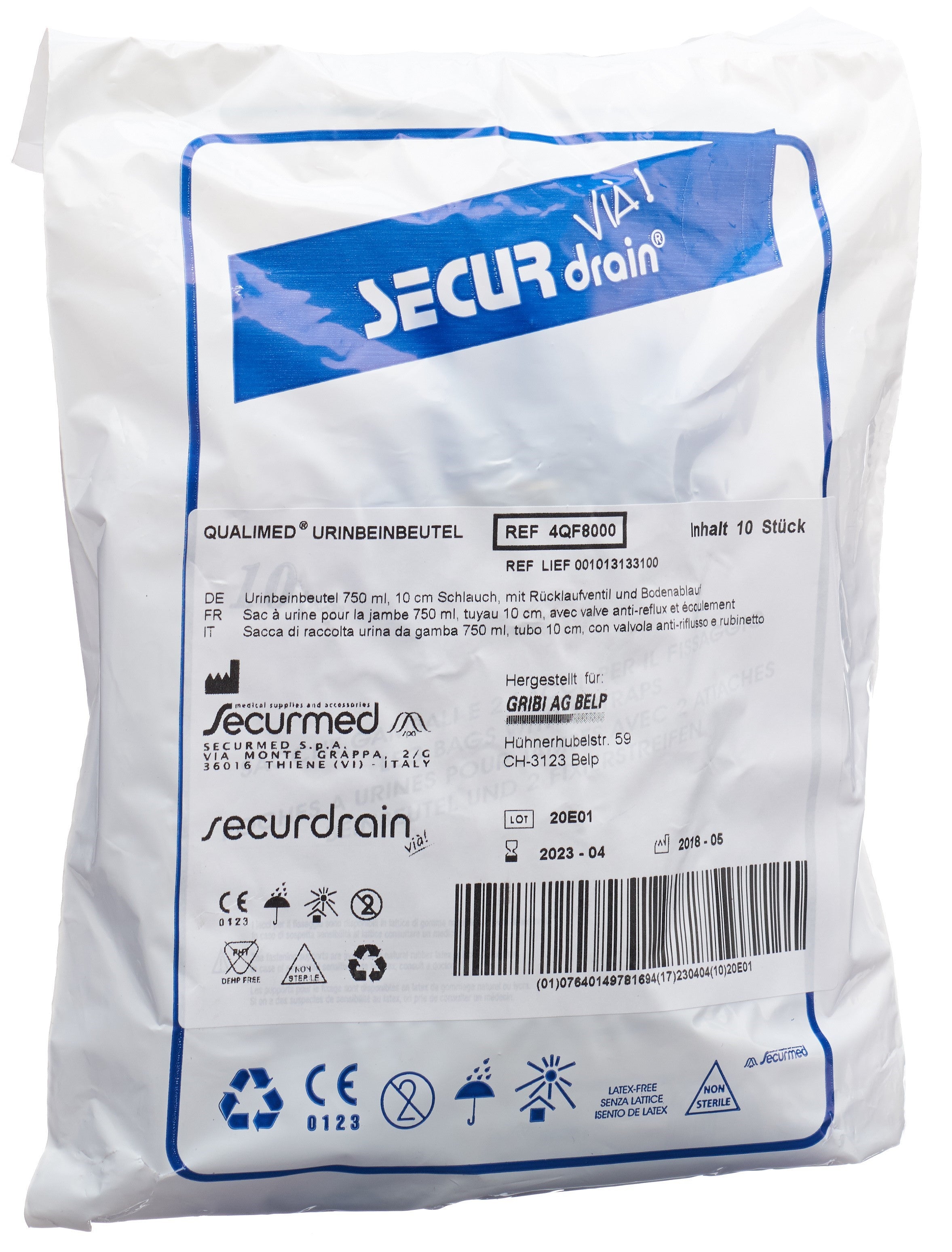 QUALIMED Sac Urine 750ml 10cm Antireflux | Lot 10 Pièces