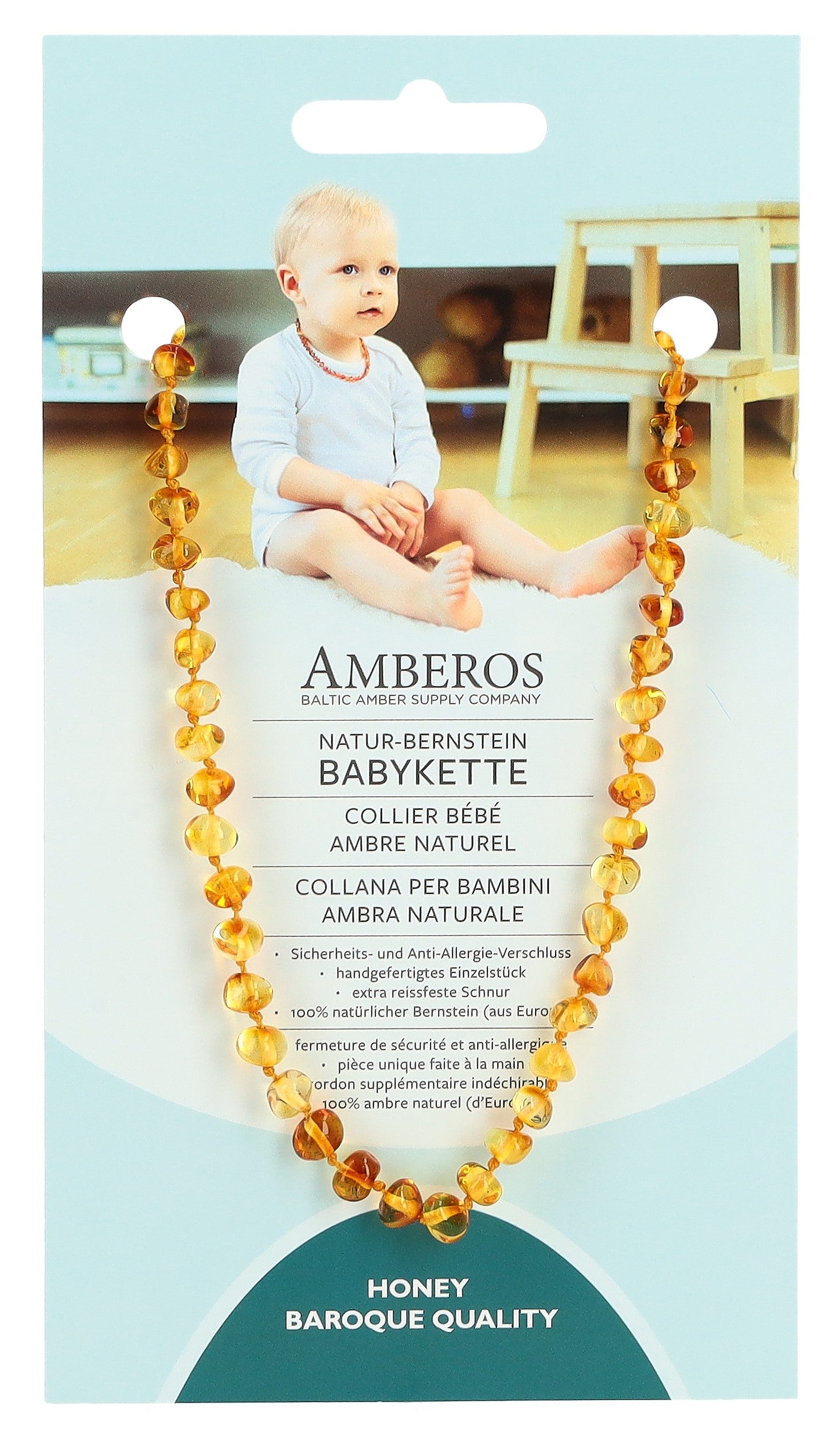 AMBEROS Collier Bébé Ambre Naturel Baro Honey - Soulage Douleurs Dentaires | 32 cm