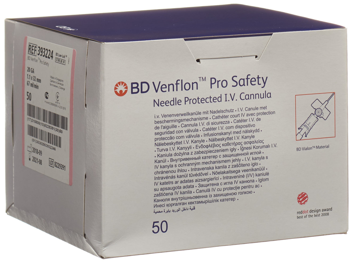 BD Venflon Pro Safety Aiguille IV 20G Rose | Boîte 50