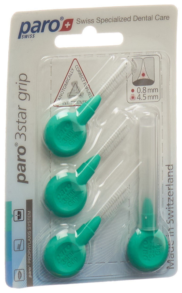 PARO 3star-grip Brosse à Dents Électrique Cylindrique Medium Vert 4 Pièces