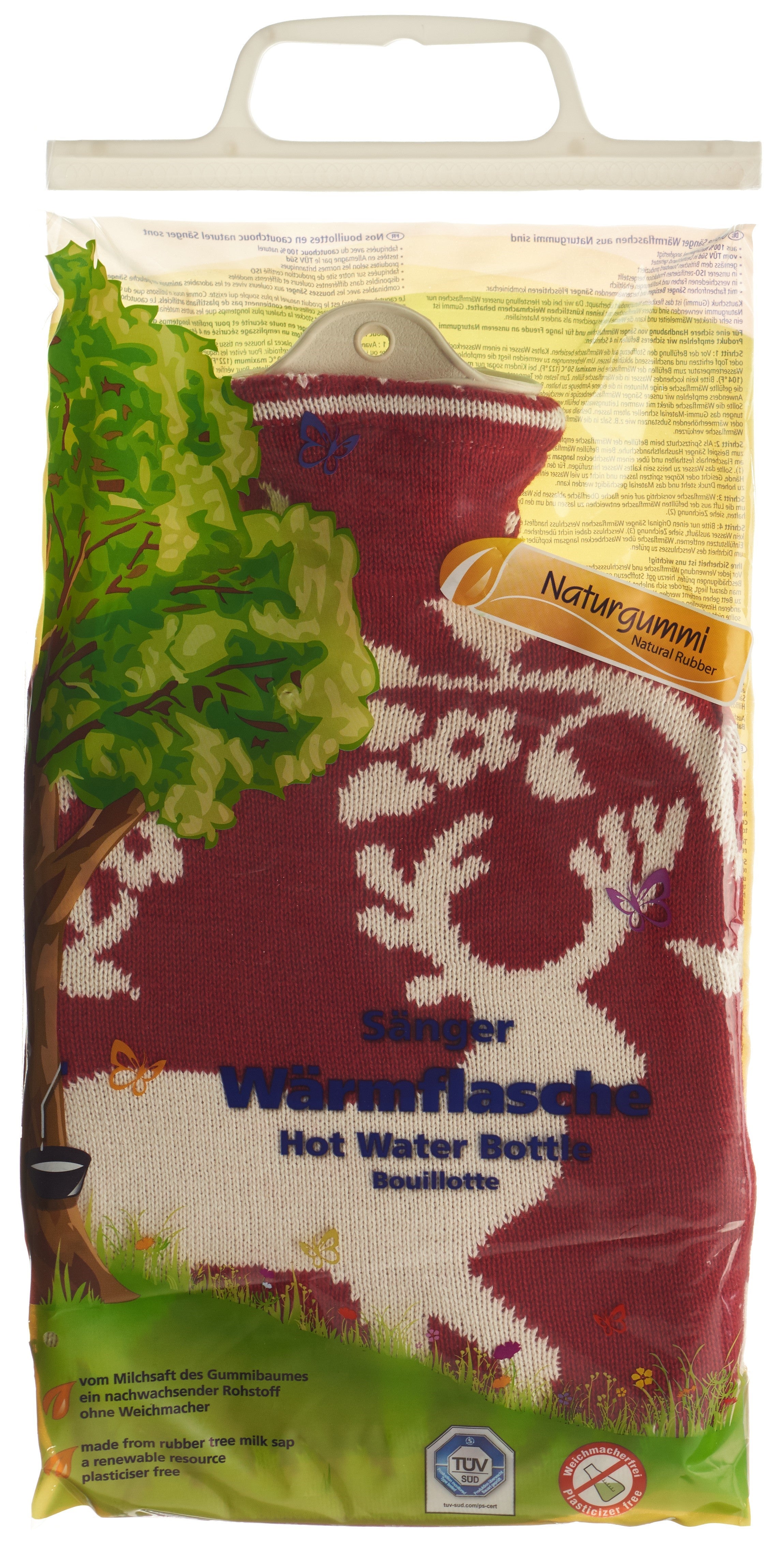 SÄNGER Bouillotte 2 Litres Housse Tricot Rouge Cerf | Confort Chaleureux