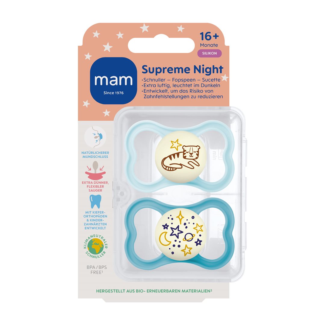 MAM Supreme Sucette Nuit Silicone 16-36 Mois 2 Pièces Apaisante