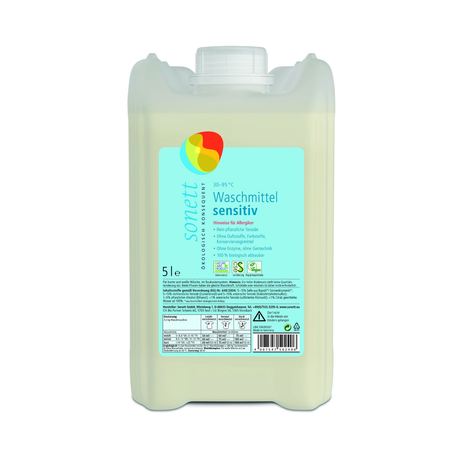 SONETT Lessive Liquide Sensitive 30° 95°C 5 L | Hypoallergénique &amp; Douceur