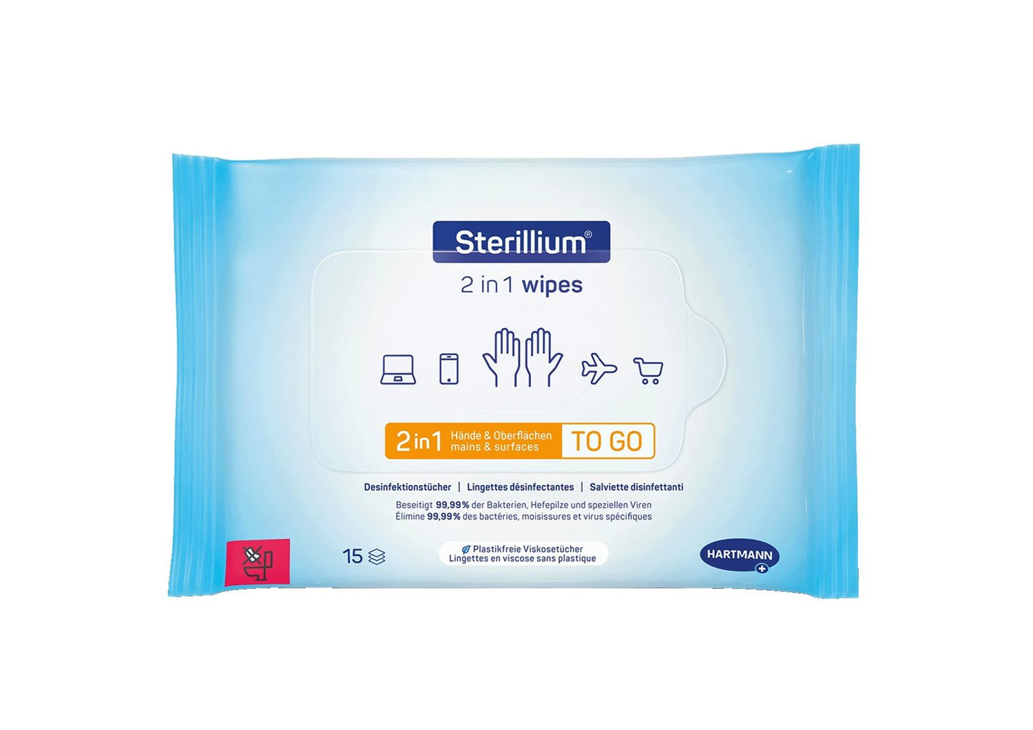 STERILLIUM Désinfectant Mains 2en1 Lingettes 15 pièces | Hygiène Rapide