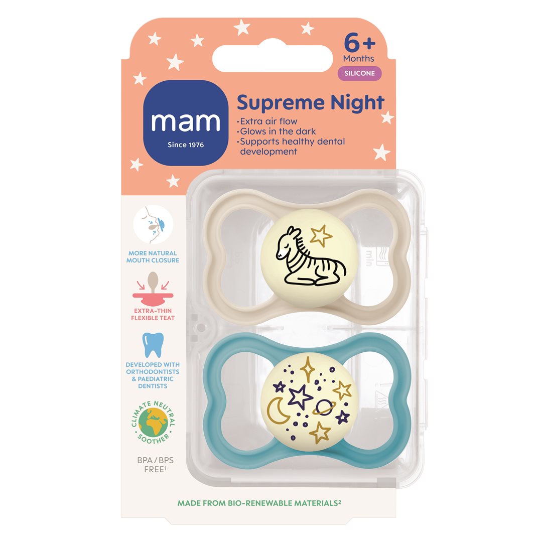 MAM Supreme Sucette Nuit Silicone 6-16 Mois 2 Pièces Apaisante