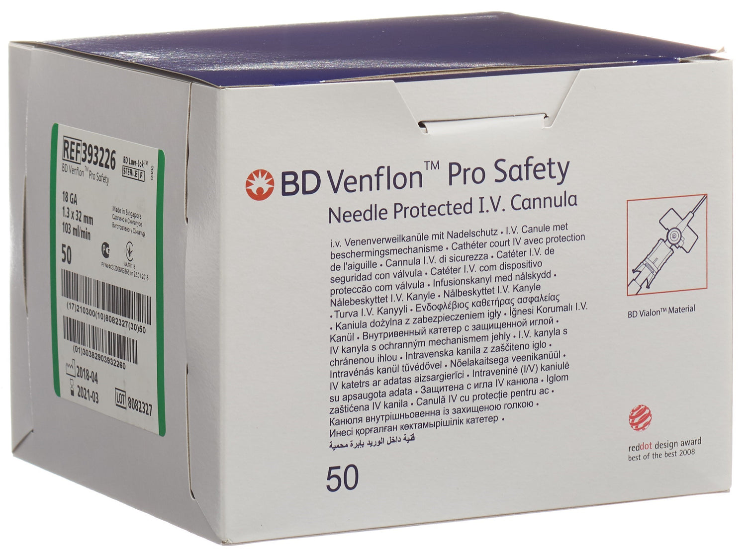 BD Venflon Pro Safety Aiguille IV 18G 1.3x32mm Verte 50 Unités
