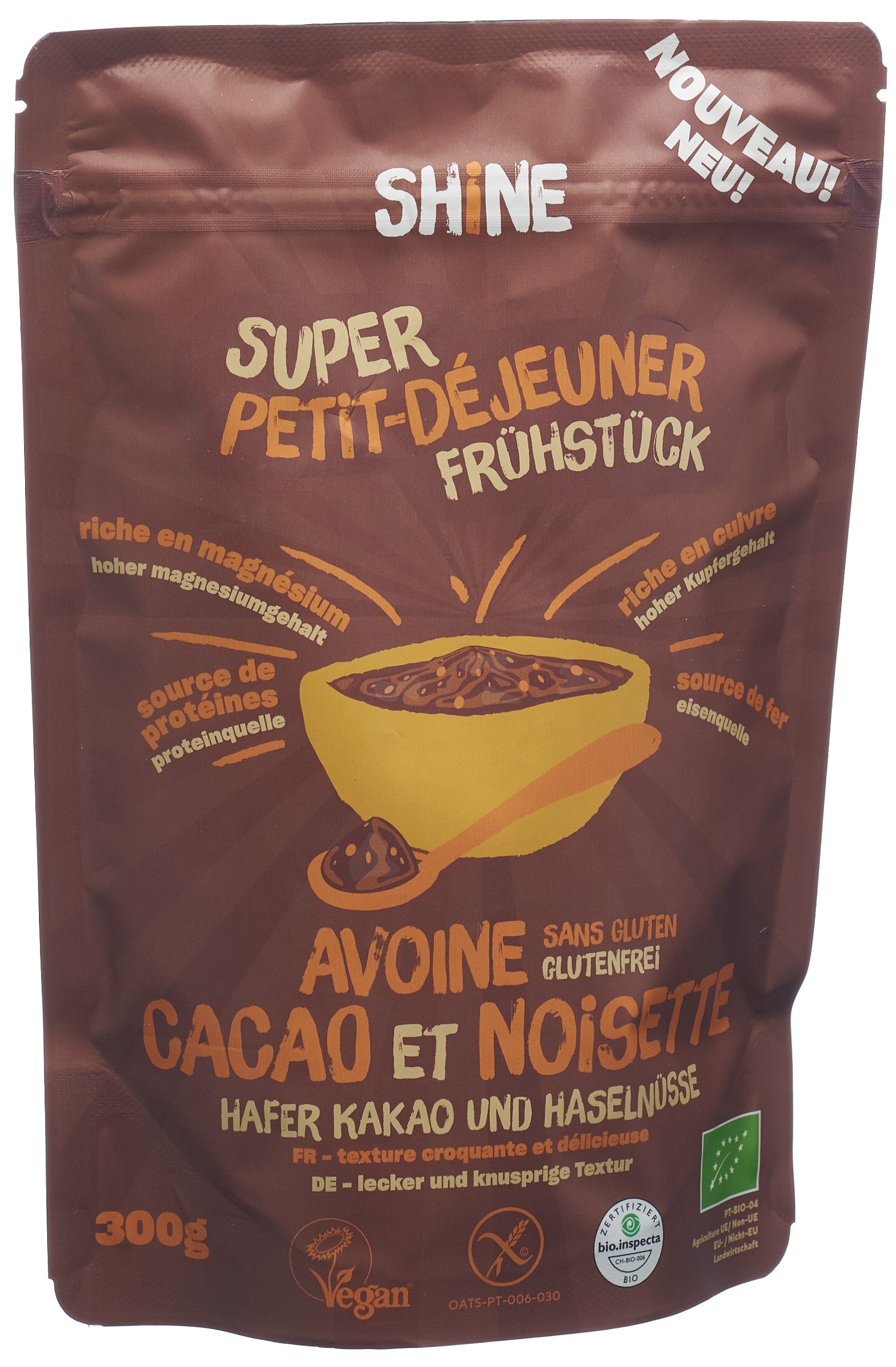 SHINE Petit Déjeuner Avoine Cacao Noisette Bio 300 g | Énergie Naturelle