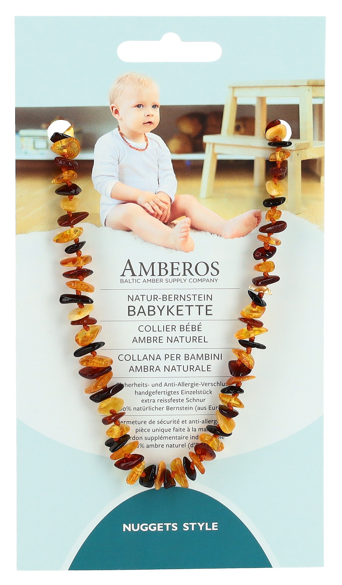AMBEROS Collier Bébé Ambre Naturel Nuggets Miel Soulagement | 1 Collier