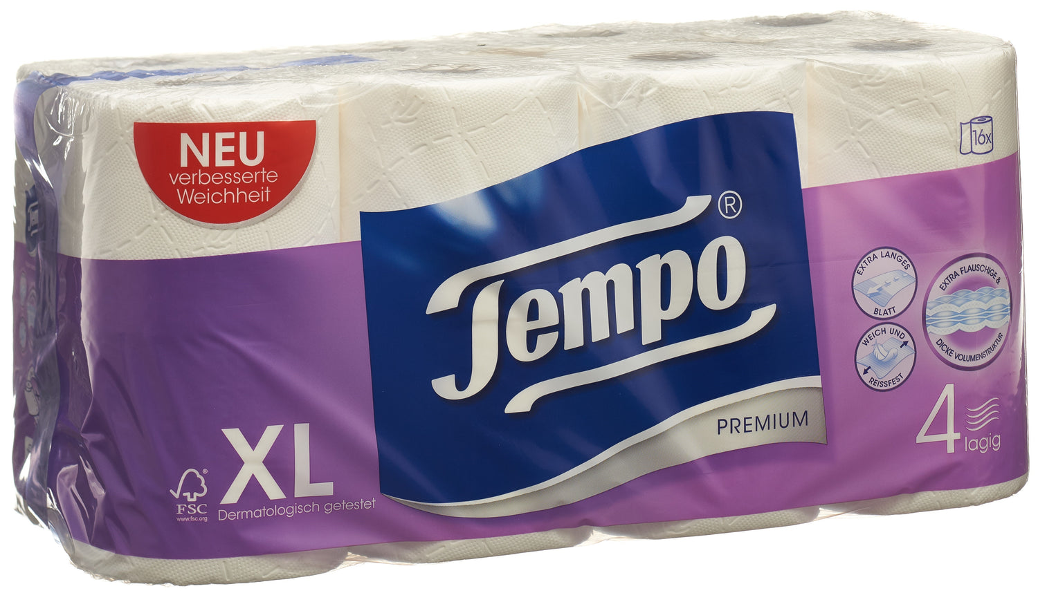 TEMPO Papier Toilette Premium 4 Plis Douceur &amp; Résistance | Lot 16 Rouleaux