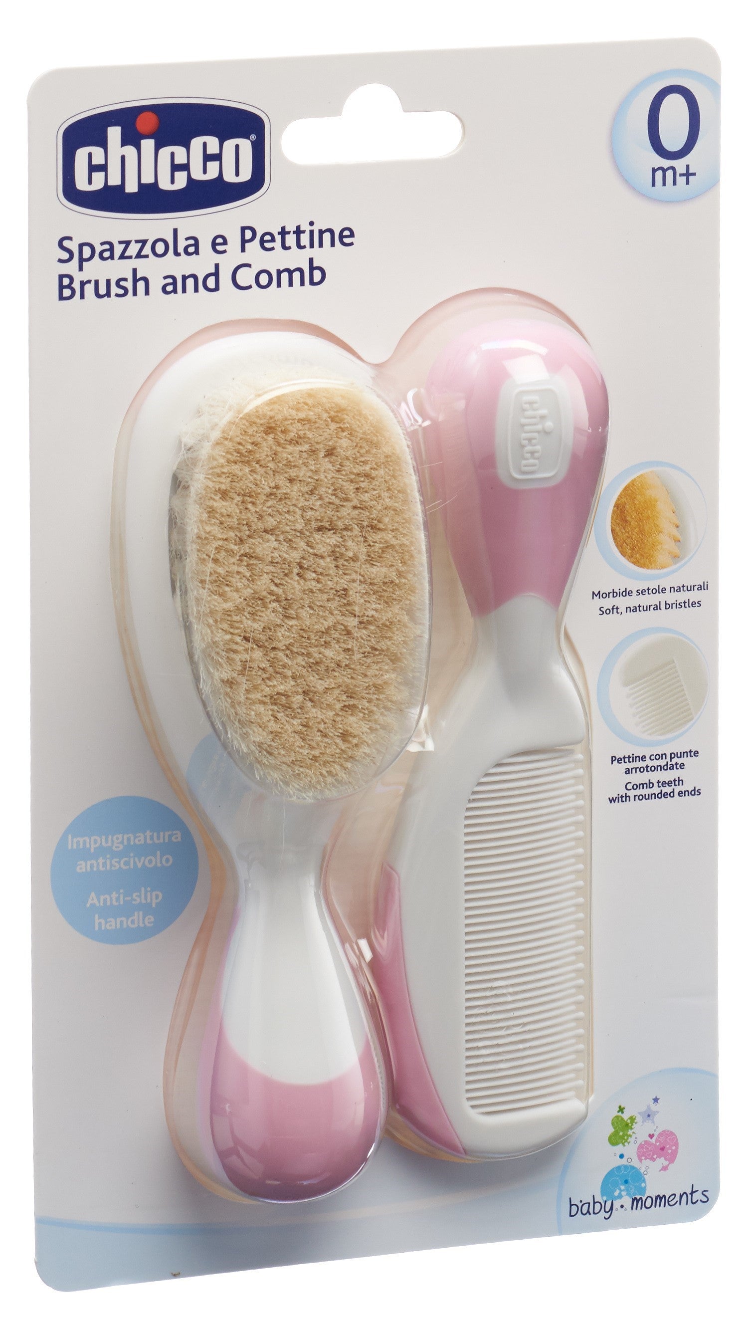 Chicco Brosse et Peigne Soie Naturelle Rose dès la Naissance | Set Bébé Douceur