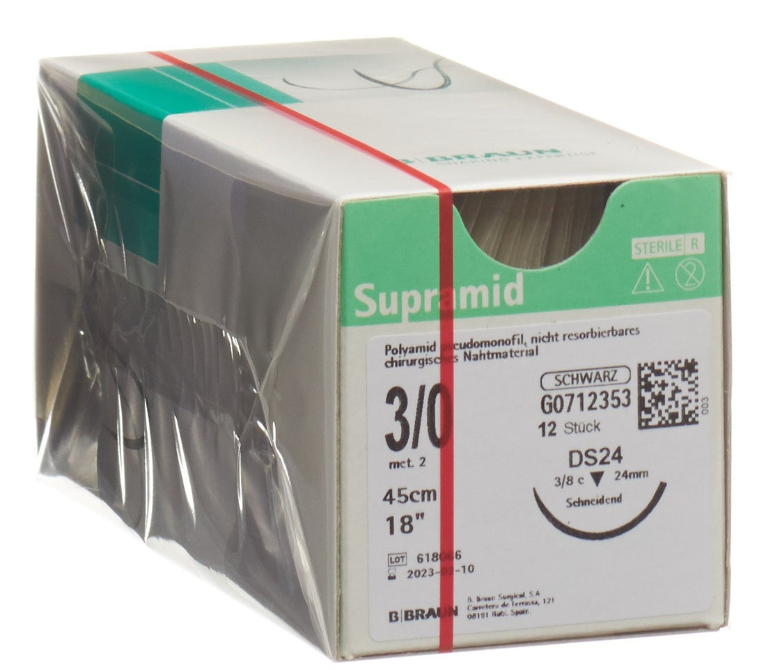 SUPRAMID Fil Chirurgical 3-0 Noir 45cm DS 24 | Lot 12 Pces