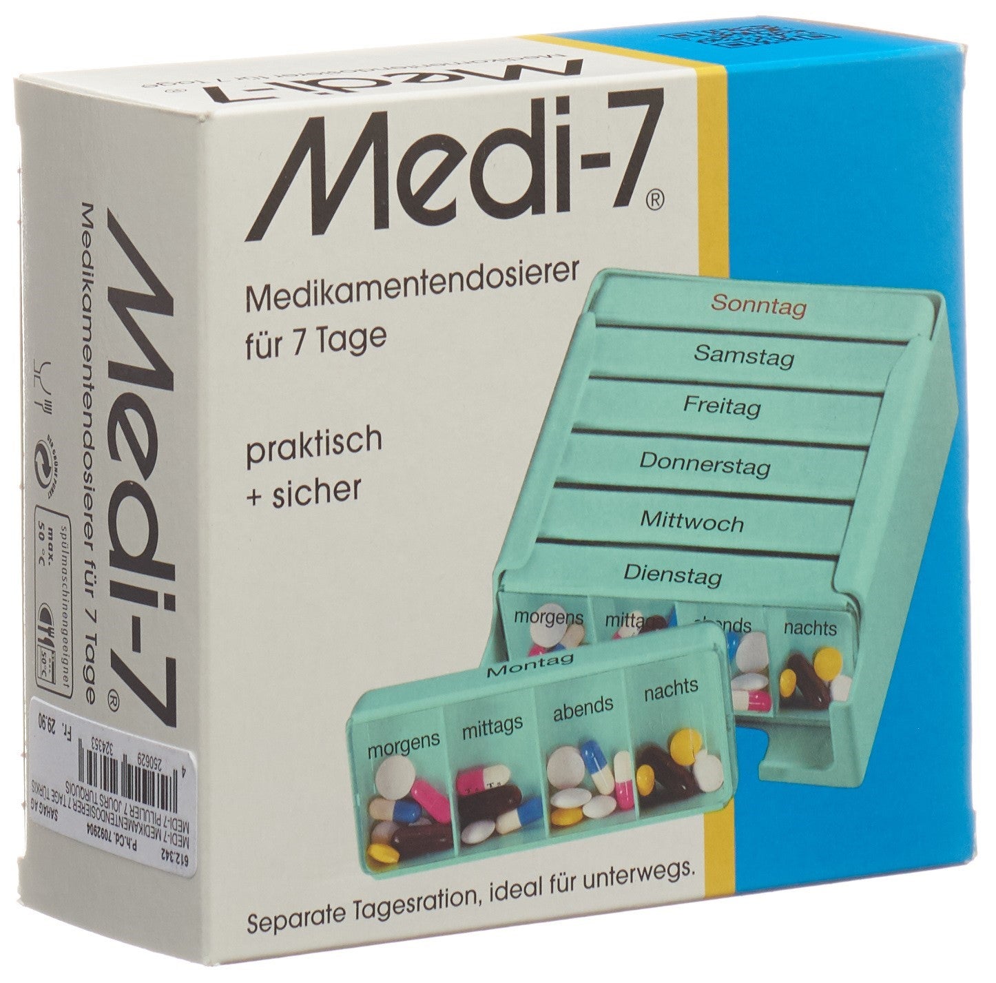 SAHAG Medi-7 Pilulier 7 Jours 4 Cases Turquoise | Organiseur Quotidien