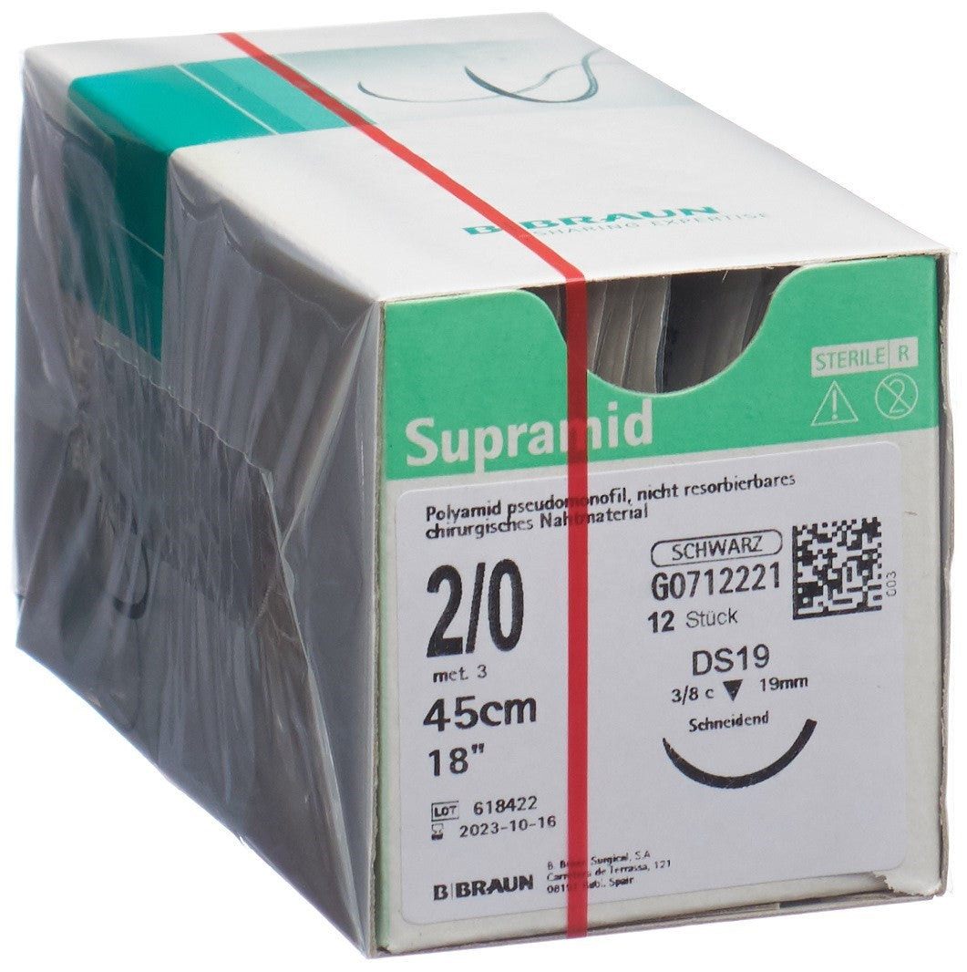 SUPRAMID Fil Chirurgical 2-0 Noir 45cm DS | Lot 12 Pièces