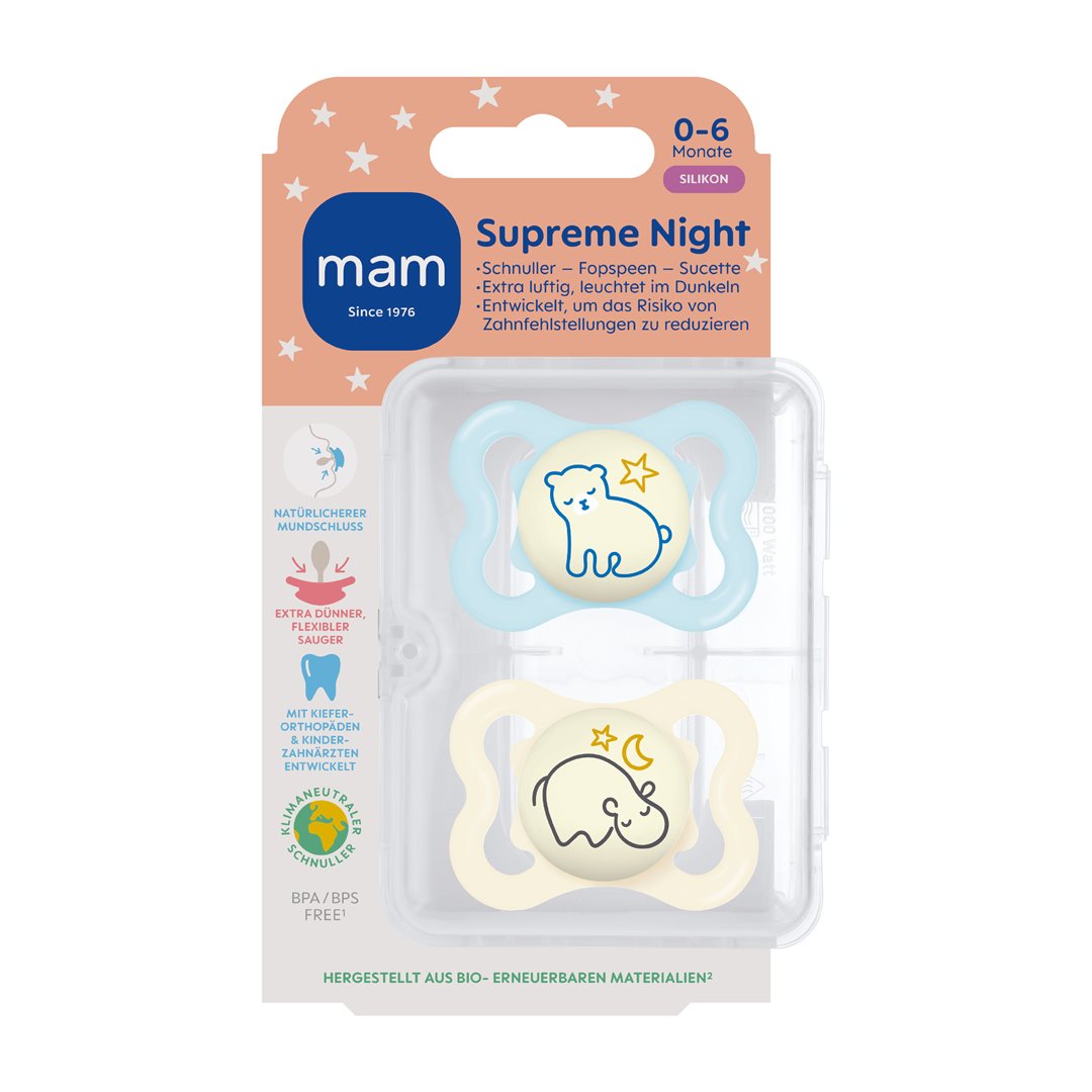 MAM Supreme Tétine Nuit Silicone 0-6 Mois Lot de 2 | Apaisement Bébé