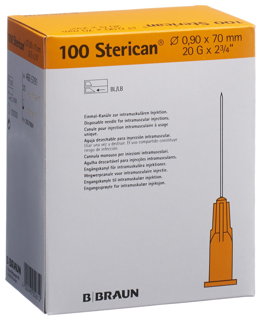 STERICAN Aiguille Jaune 20G 0.90x70mm Luer 100 Pièces | Dispositif Médical Stérile