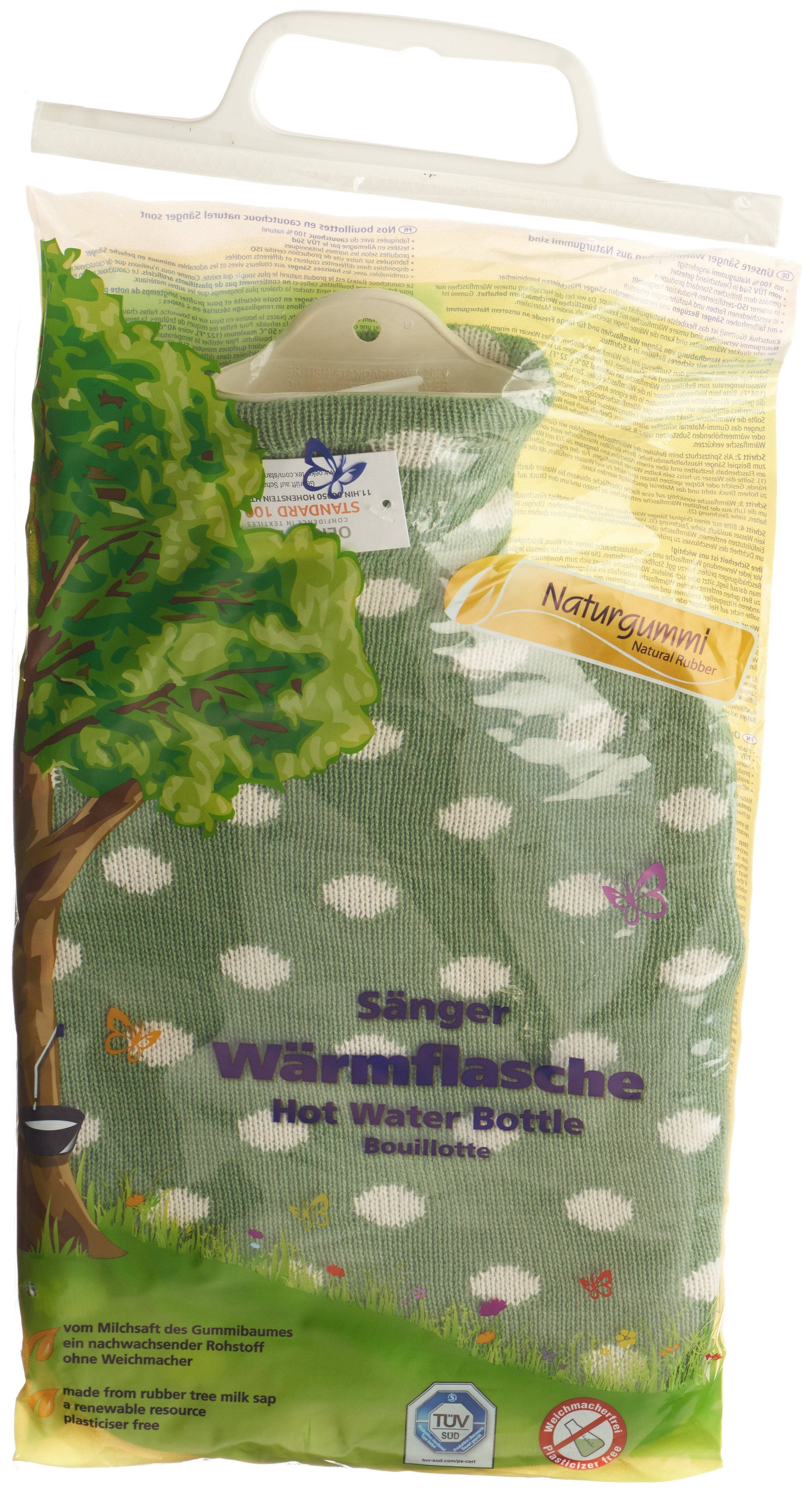 SÄNGER Bouillotte 2 L Housse Tricot Verte Pois | Confort Chaleureux